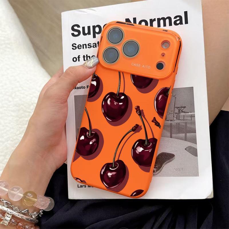 Low-Saturation Retro Red Cherry Pattern Dopamine Ins Style Solid Color Phone Case Ultra Skin Friendly Touch All Inclusive Lens Compatible with Apple iPhone 17 Air 16 15 14 13 12 Por Max