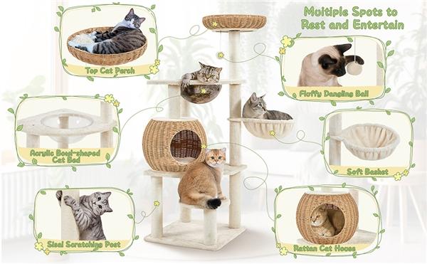 【Valentine Gift】Yaheetech 54in Rattan Cat Tree Tower with Luxury Woven Condo, Clear Bowl, Washable Cushions, and Scratching Posts, Cat Furniture for Indoor Cats