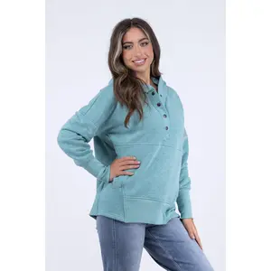 Upbeat Energy Women's Tailored Half Button Pullover Hoodie