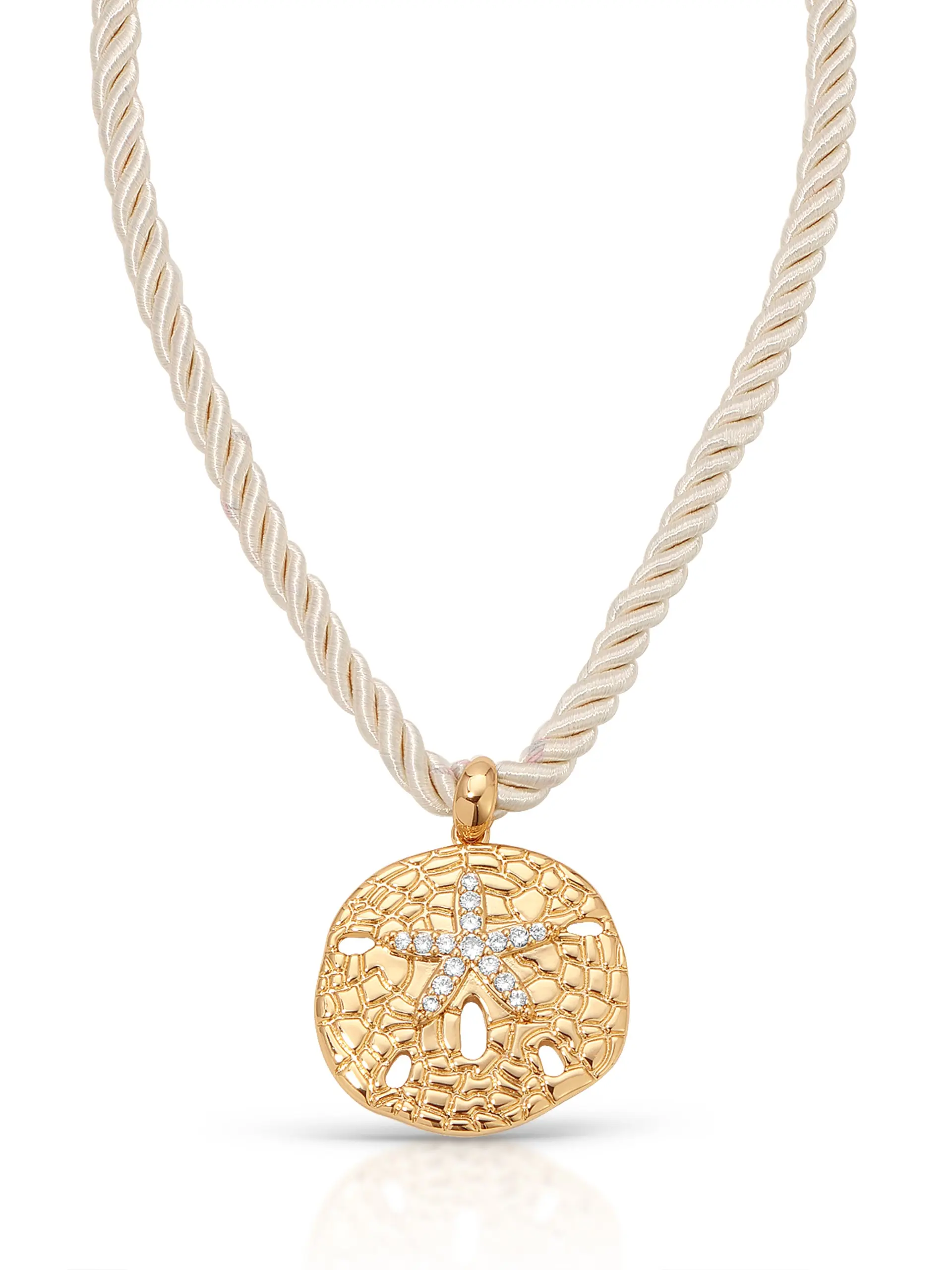 Sand Dollar Pendant Necklace – 18K Gold Plated CZ Pendant on Adjustable Rope Cord, Beach-Inspired Long Necklace