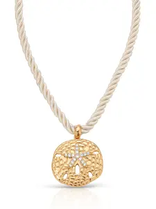 Sand Dollar Pendant Necklace – 18K Gold Plated CZ Pendant on Adjustable Rope Cord, Beach-Inspired Long Necklace