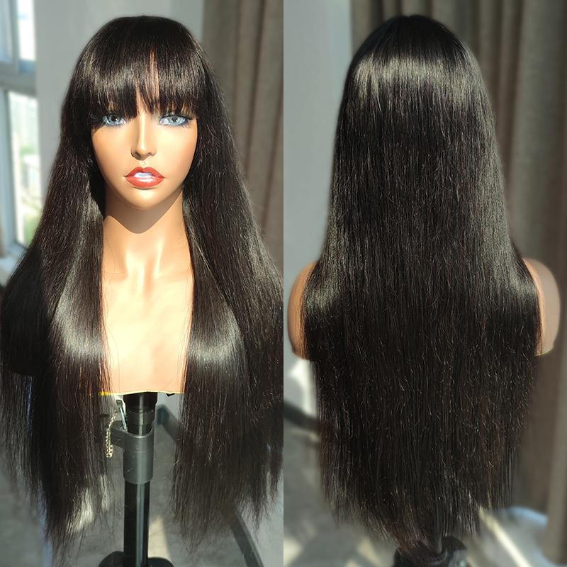 ISEE HAIR Straight Glueless Wig With Bangs Machine Made Sew In Wig Human Hair-Made Natural Black for Everyday Wear #Category Spotlight