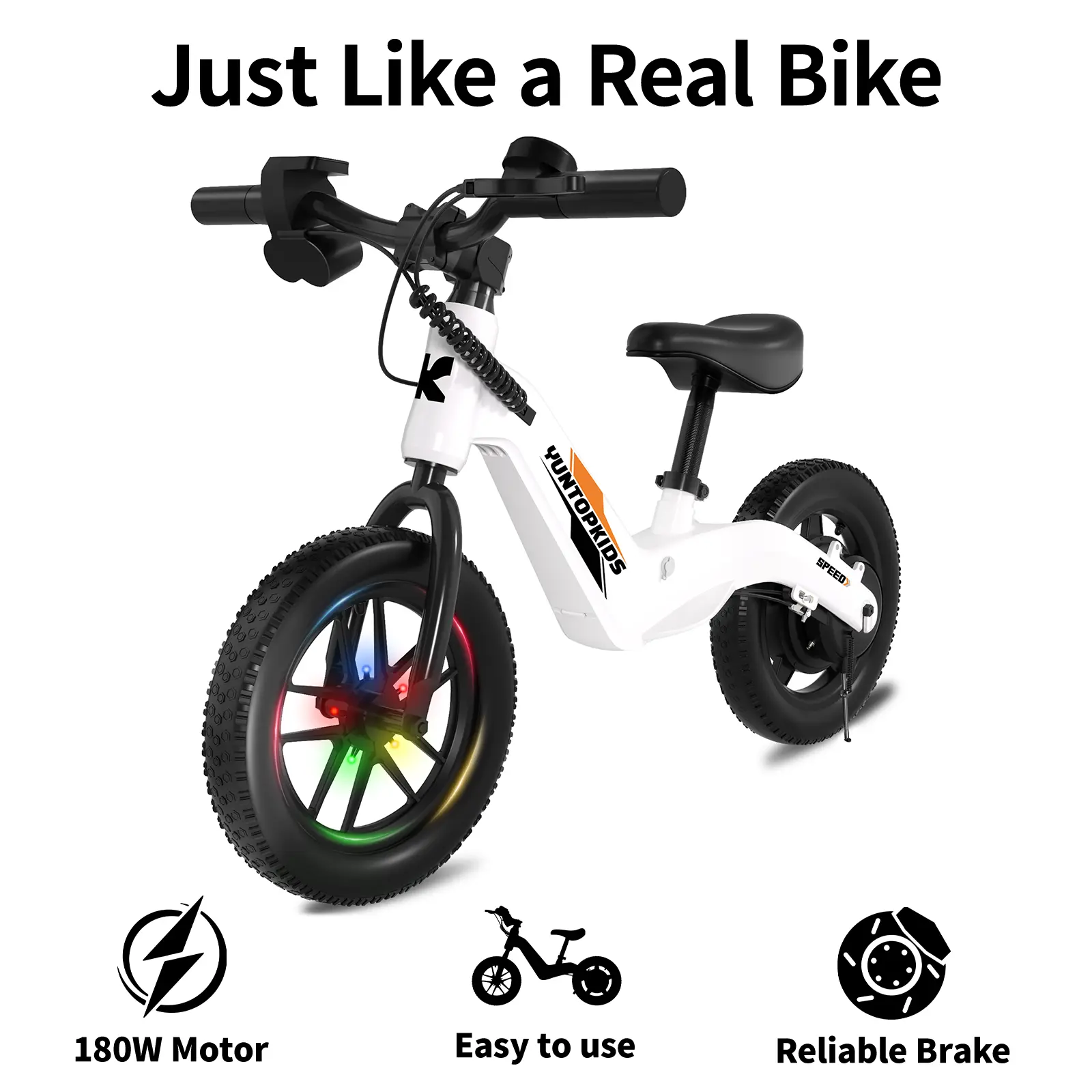 YUNTOPKIDS Kids Rechargeable Battery Electric Balance Bike - 150W Motor, 12-in Tires, Magnesium Alloy Frame, Grow-with Seat, 3 Speed Modes, Rear Disc Brake, 5.6 Mi Range, 2600 mAh Cells, 14.55 lbs Lightweight Ride-On Toy for 3-4 Years Outdoor Play