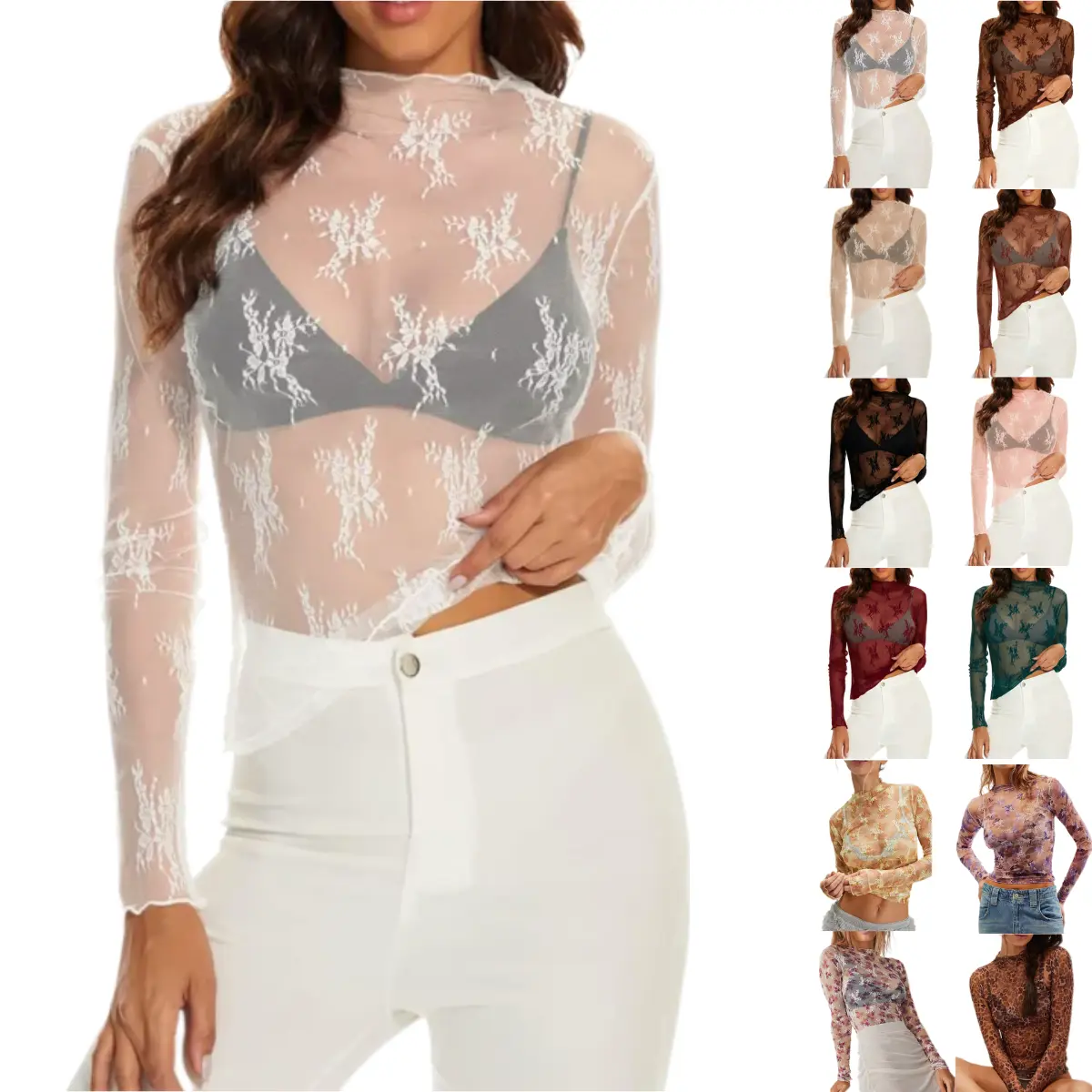 UANEO Women's Mesh Top Lace Fall Long Sleeve Floral Shirts Slim Fitted Outfits Blouse Sheer Mesh Mock Neck Summer Layering Top Elegant Womenswear Turtleneck