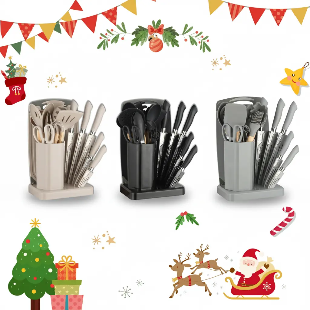 Kitchen Utensil Set, 23 Pcs Silicone Cooking Utensils and Kitchen Knife Set - Heat Resistant Food Grade Silicone Gadgets with Wood Handle - Non-stick Cookware Accessories - Best Housewarming Gift Black Nonstick Wooden