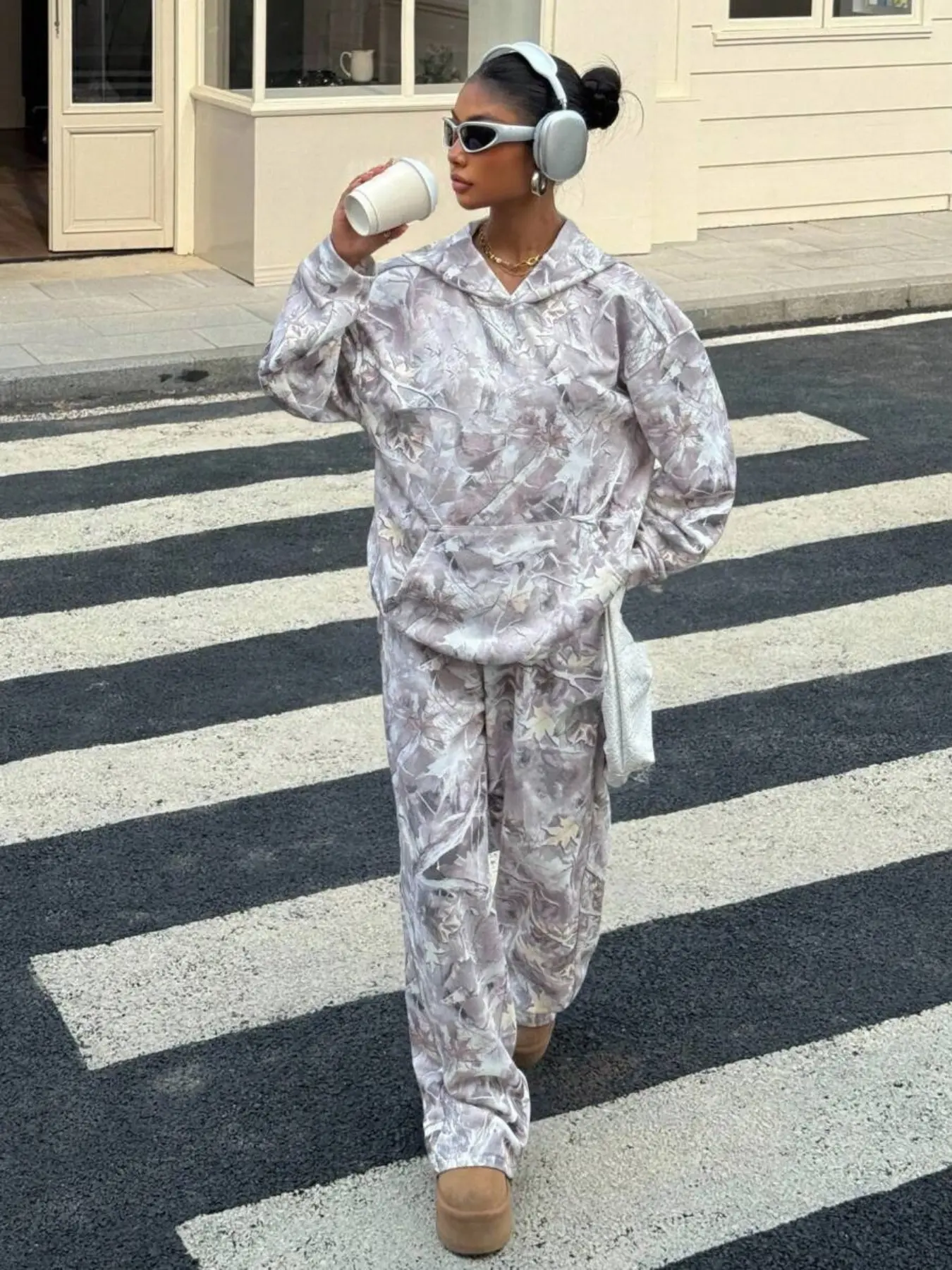 Women's Casual Fall Winter Hoodie Set, Camouflage Print, Elastic Waist Pants, Loose Fit, Thick Fabric, Daily Wear, Cozy Lounge Set