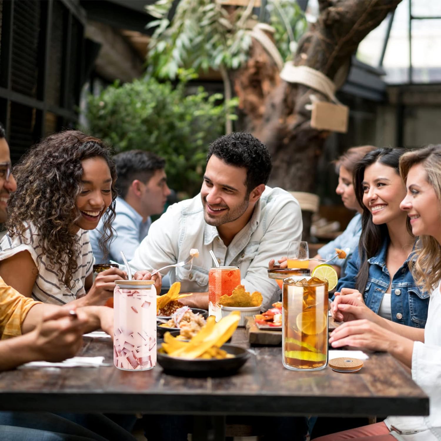 Drinking Glasses with Bamboo Lids and Glass Straws, 4 Set 16oz Iced Coffee Cup, Glass Cups with Lids and Straws, Beer Glasses, Ideal for Water, Cocktail, Whiskey, Soda, Gift