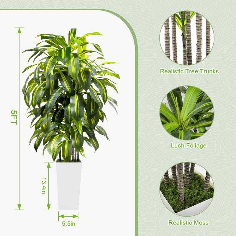 5FT 6FT Artificial Dracaena Tree – Tall Fake Indoor Floor Plant with Black or White Planter – Large Faux House Plants for Living Room Bedroom Office Home Decor, Gift Idea for Housewarming & Home Decorations
