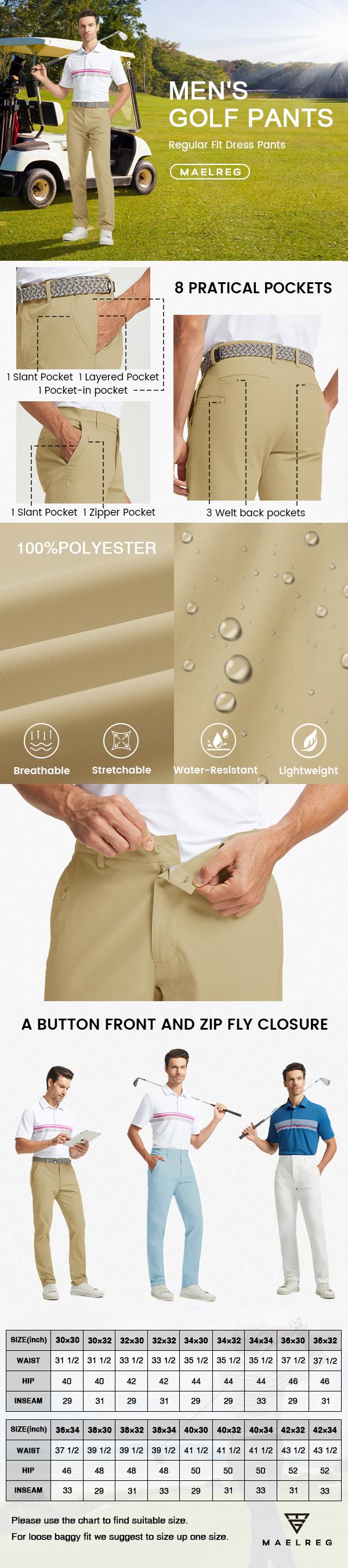 MAELREG Men’s Golf Pants Water Resistant 8 Pocket Lightweight Stretch Business Casual Work Dress Pants 30/32/34 for Fall
