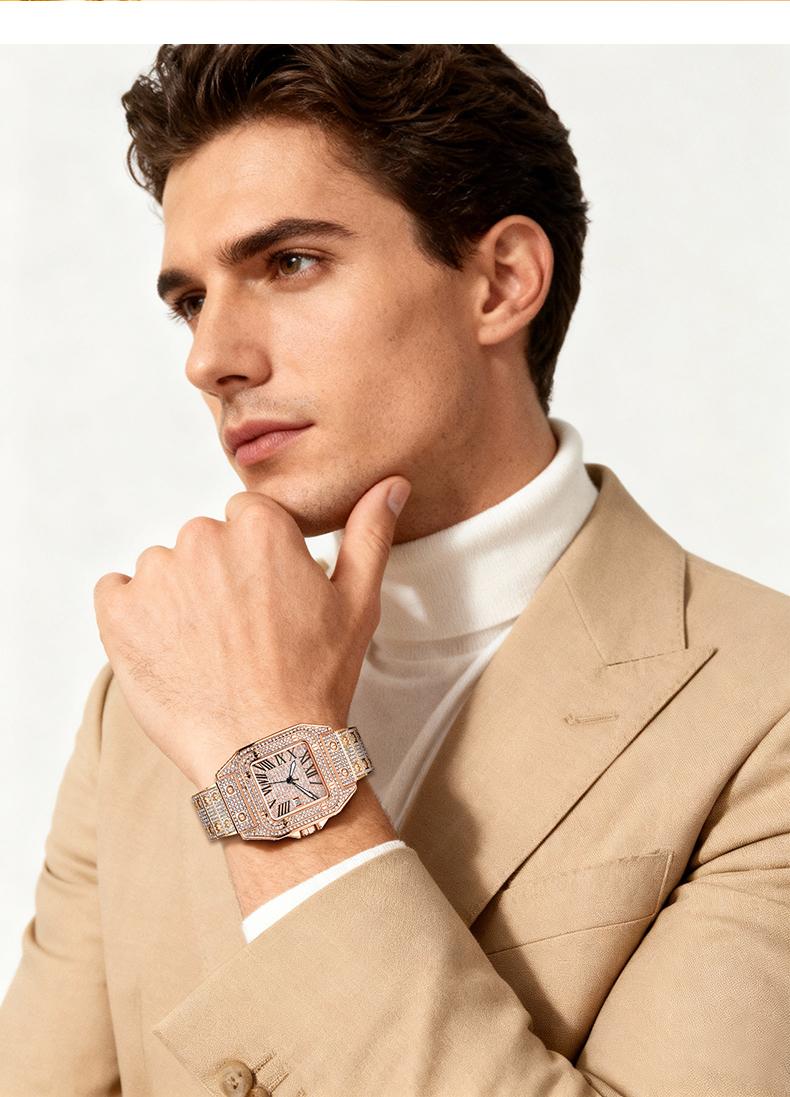 Luxury Rhinestone Embellished Square-Dial Quartz Watch with Gift Box Included Fashion Timeless Classic Watch Black Friday Flash Sale diamond men