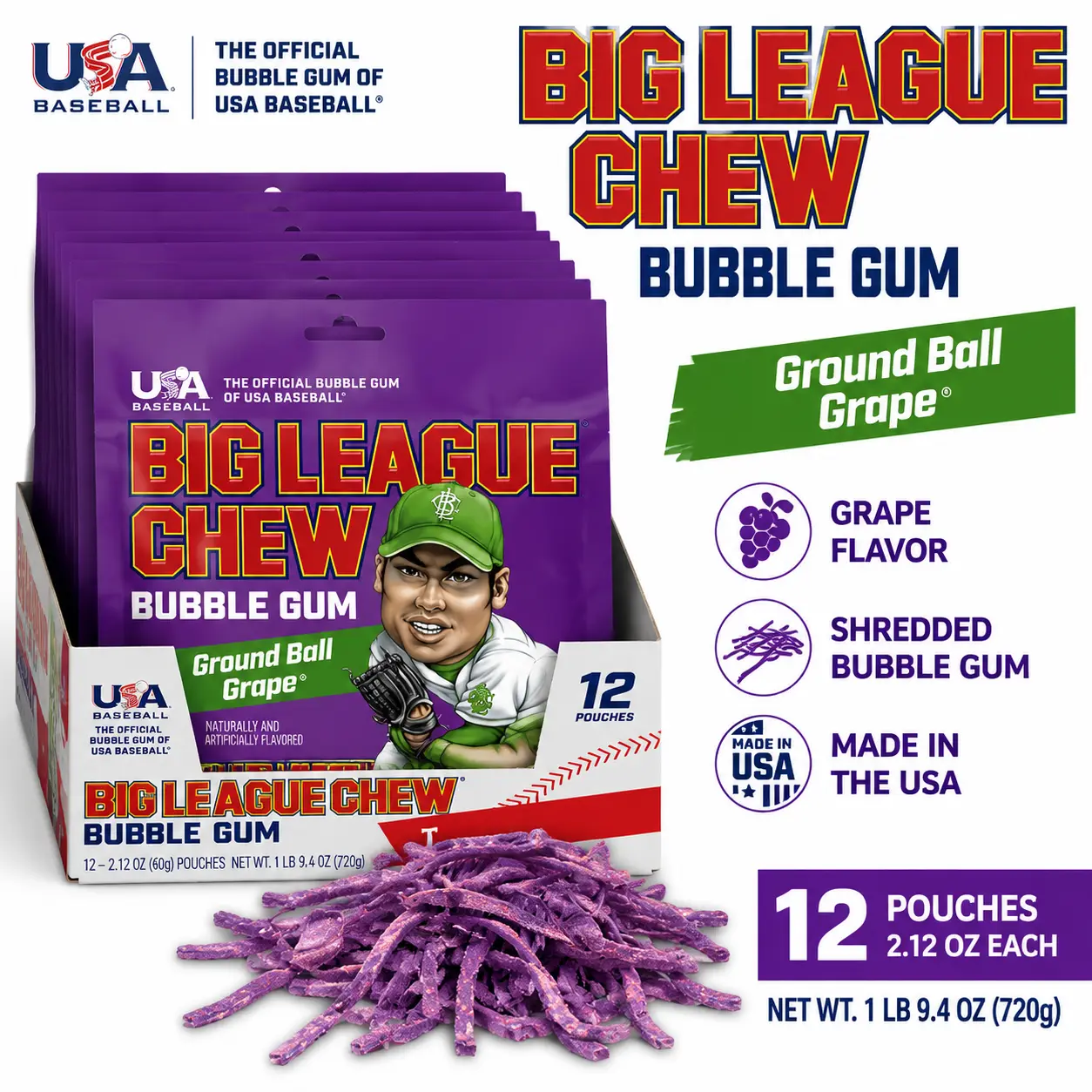 Big League Chew Grape Bubble Gum 2.12 oz 12 Count  Shredded Grape Bubble Gum Pouches | Classic Sports Candy Fun