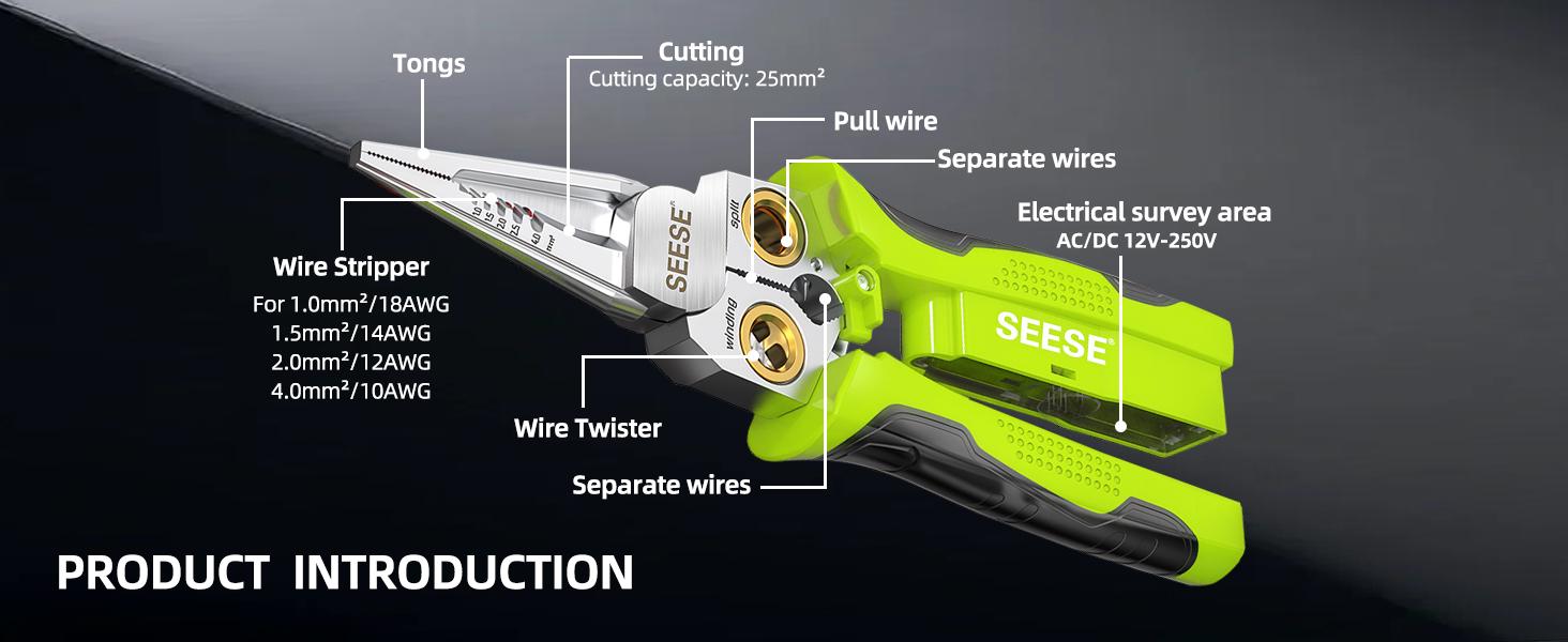 SEESE 8-in-1 Wire Stripper for Electrician, Needle Nose Pliers with Voltage Tester & Dual Alarms - Electrical Pliers for Cutting Wires, Pulling Wires and Crimp Wires