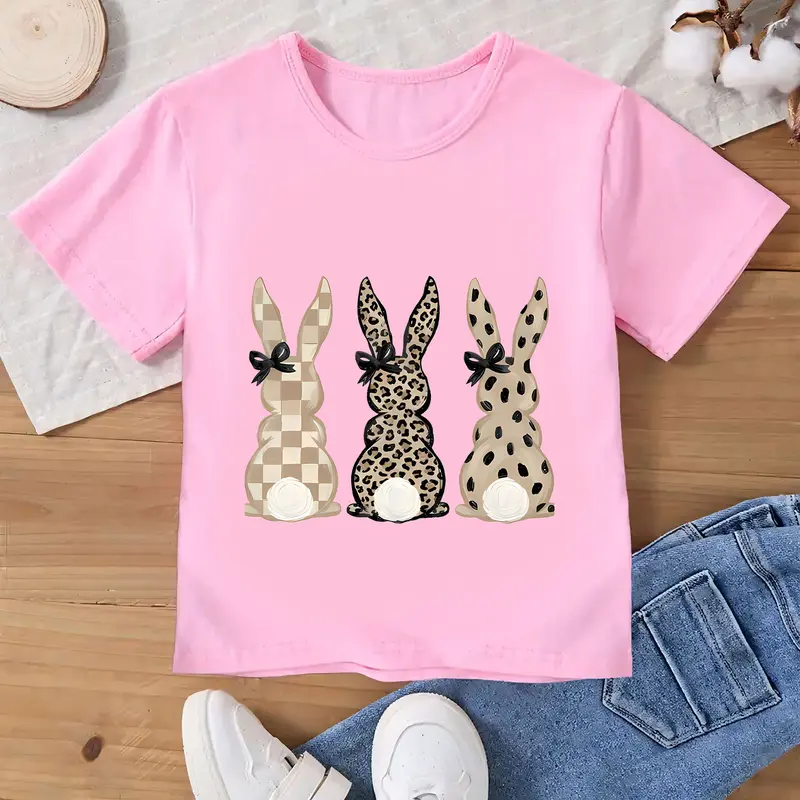 Comfort Colors Neutral Easter Bunnies T-Shirt Leopard Checkered Patterns Coquette T-shirt，Soft, pure cotton T-shirt – a must-have for girls.