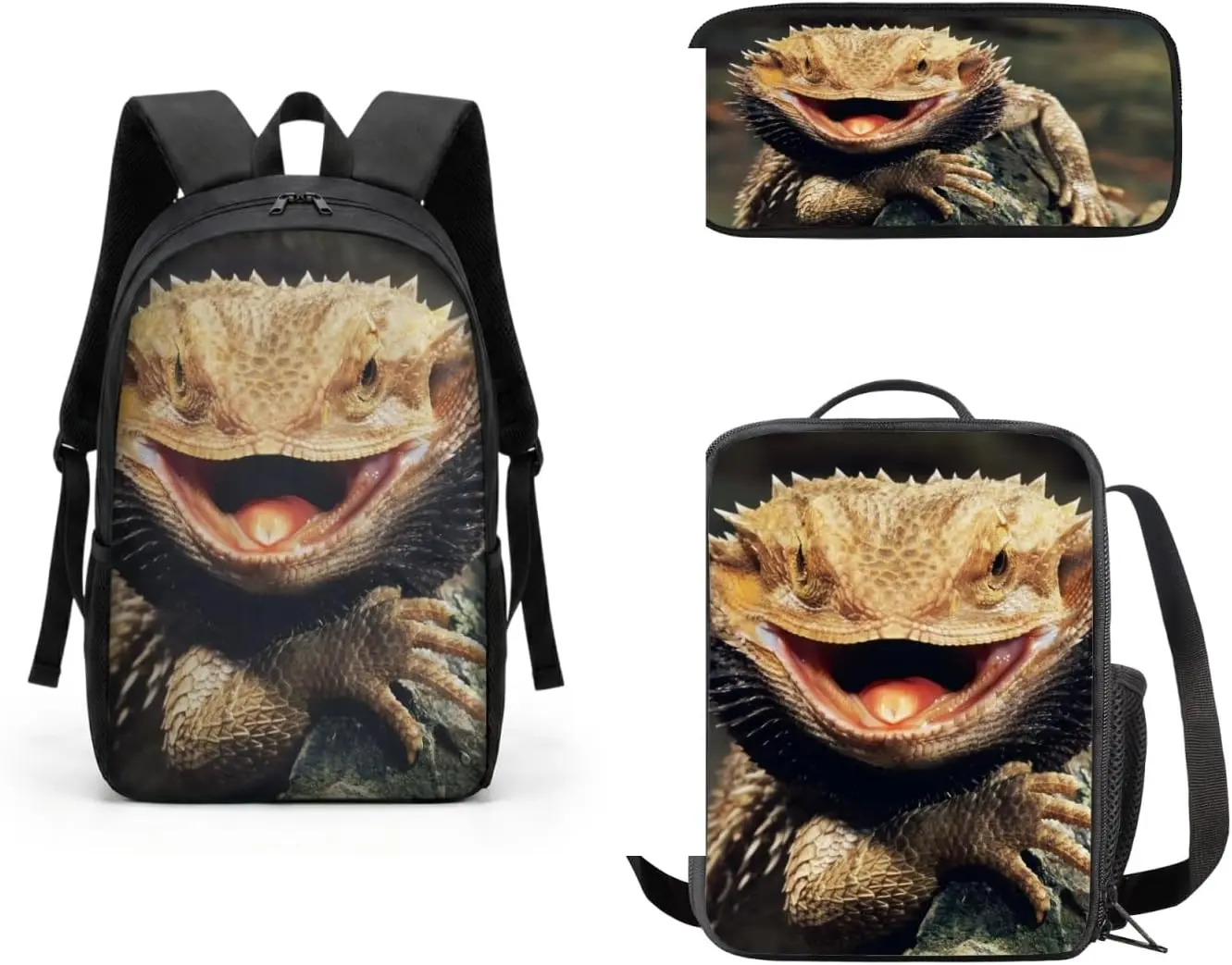 Bearded Dragon Lizards Backpack Student Bookbag for 3 Piece Casual Travel Backpack with Lunchbox Pencil Case