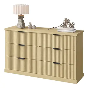 6-Drawer Double Dresser for Bedroom, 54.2-Inch Wide Chest of Drawers, Fluted Panels, Mid Century Modern Storage Dresser, TV Stand for Living Room