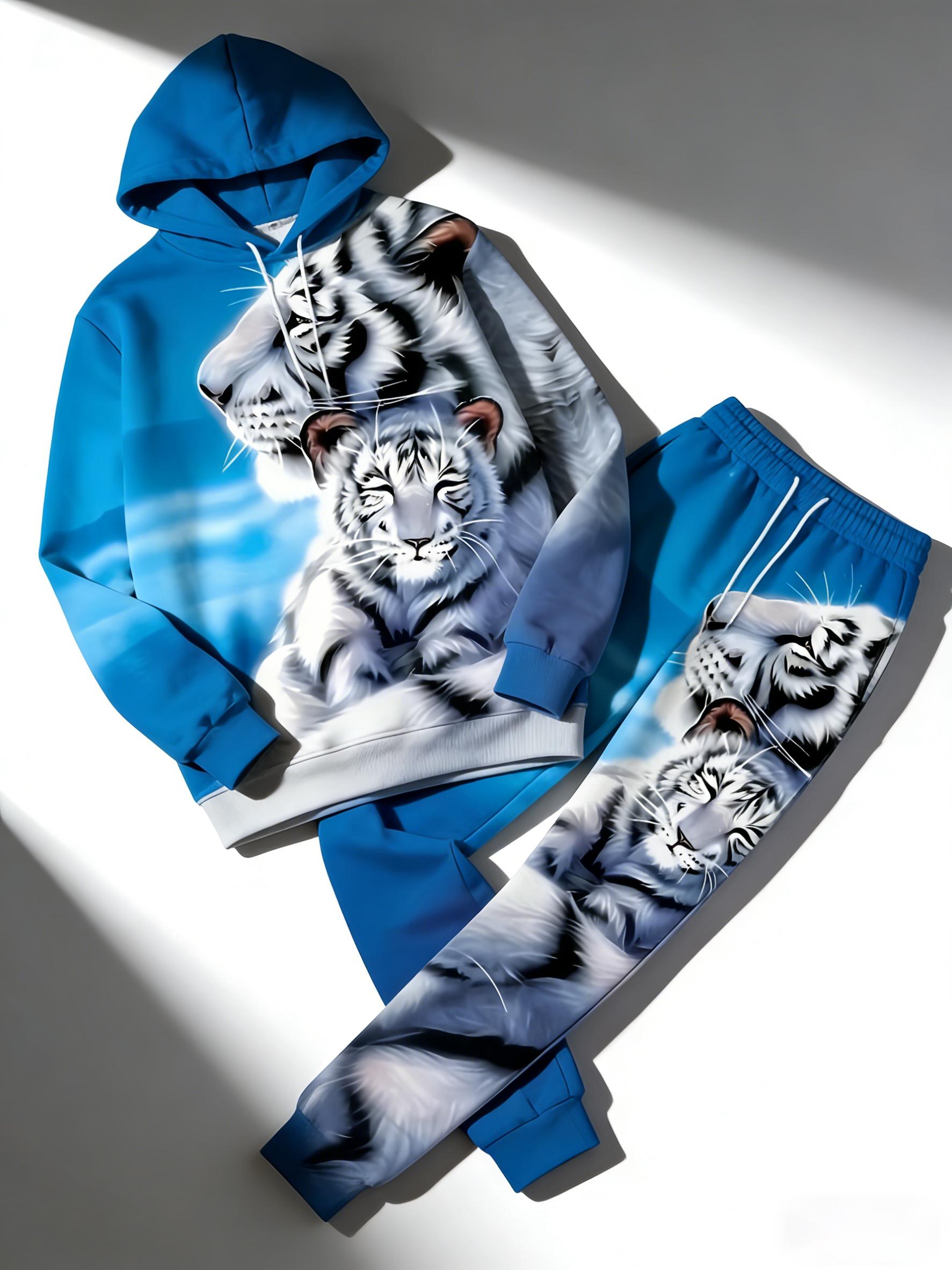 Men's 2-Piece White Tiger All-Over Print Sports Set - Blue Gradient Animal Pattern Sweatshirt, Soft Hoodie with Pockets, Sweatpants, Stylish Casual Streetwear, Suitable for Everyday Use