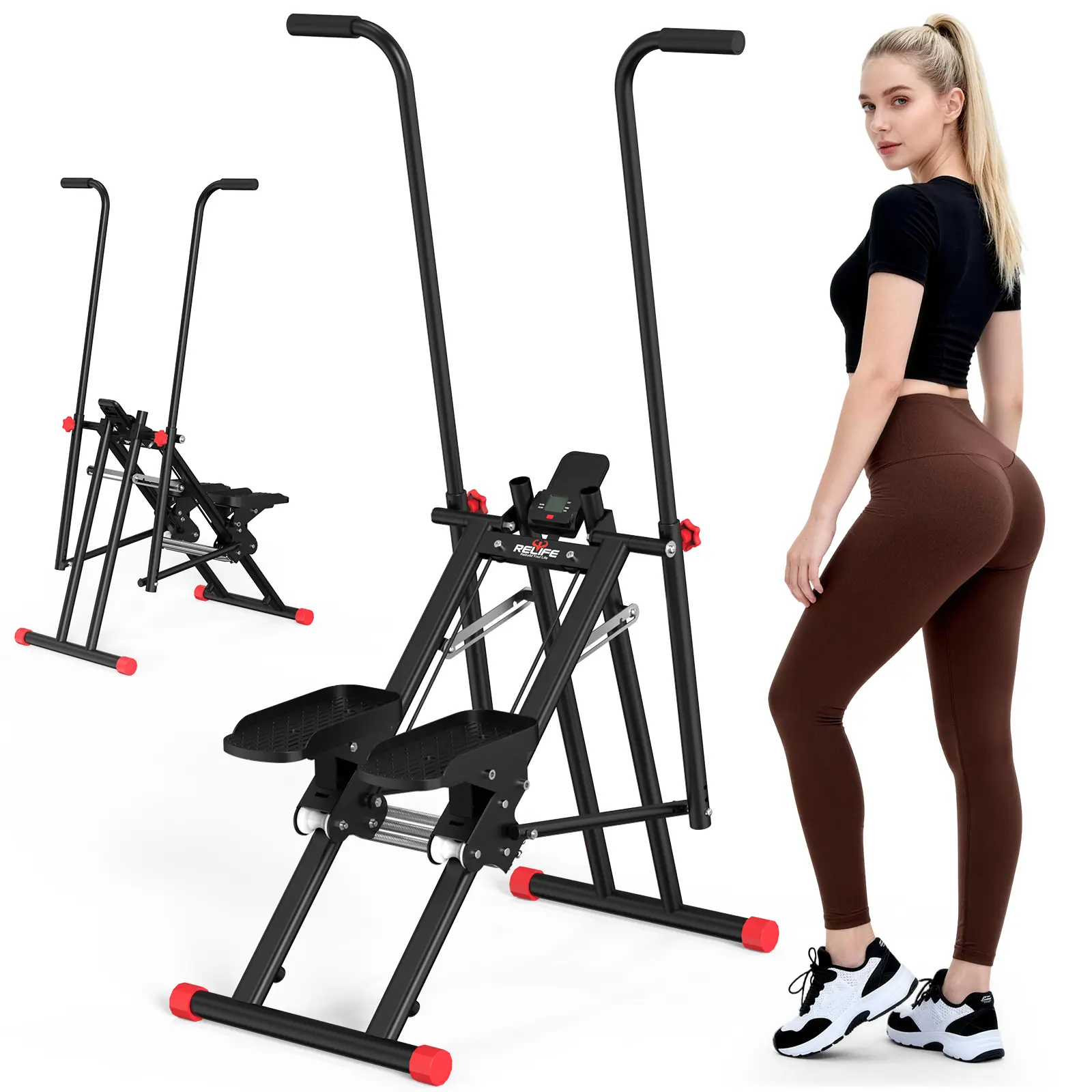 RELIFE Vertical Climber Stair Stepper Workout & Exercise Equipment, Compact Durable Steel Frame Home Gym Machine, Quiet Operation, 3 Resistance Levels, Adjustable Handle, 350 lbs Capacity, Built-in Tablet Holder, All Heights Fit