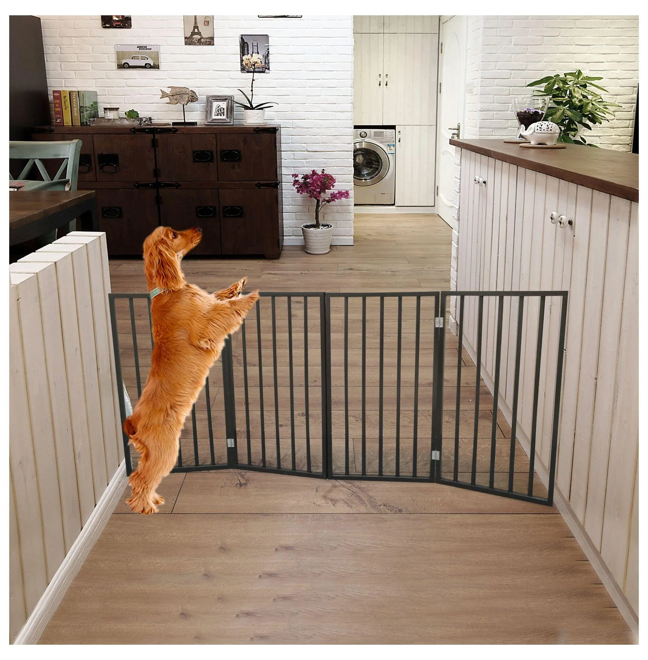 Wooden Folding Dog Gate with Access Control - Freestanding Arc Design, Easy Storage, Solid Finish - Brown, 24"H x 73"W for Doorways, Folding Gate