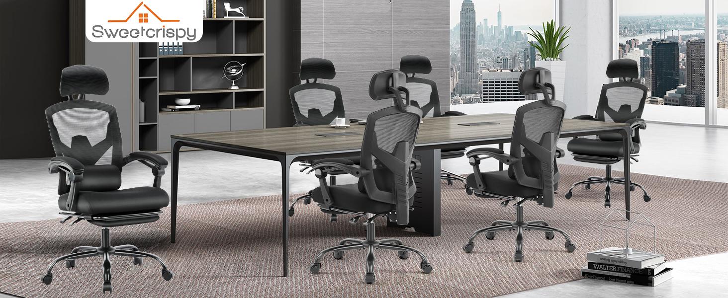 Sweet Furniture Ergonomic Office Chair with Foot Rest and Adjustable Headrest, Mesh Swivel Rolling Task Chair, Height Adjustable, Office Gifts