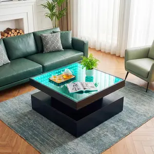 LED Square Coffee Table with Storage, 31.5" RGB Glass Top Coffee Table for Living Room, Modern Black Center Table with LED Lights, Low Coffee Table for Apartment & Home Decor