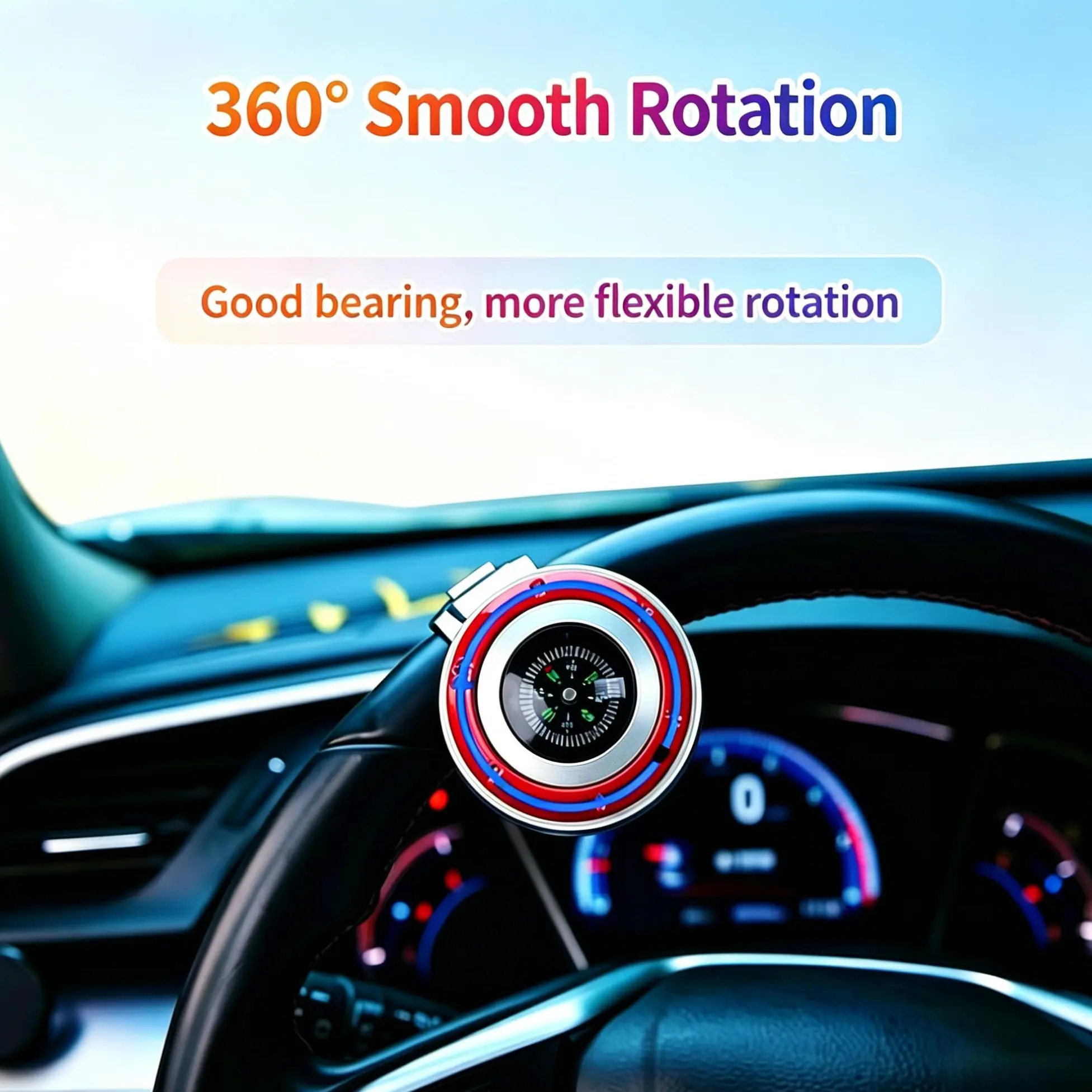 Upgrade Stainless Steel Bearing Car Steering Wheel Spinner Knob with Compass, Non-Slip Rubber Pad, Rotation Control Power Handle, Universal Fit for All Vehicles, Car Decor Accessory