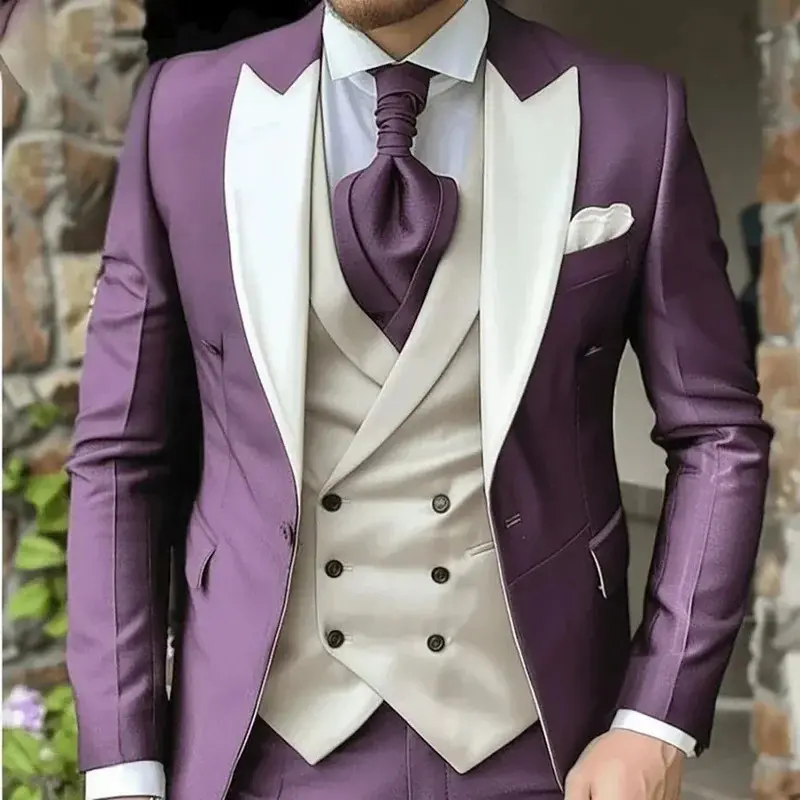 Men's Purple Solid Luxury Single-Breasted Peak Lapel 3-Piece Menswear Suit - Long Sleeve Polyester Formal Set with Jacket, Vest, Pants for Weddings, Prom