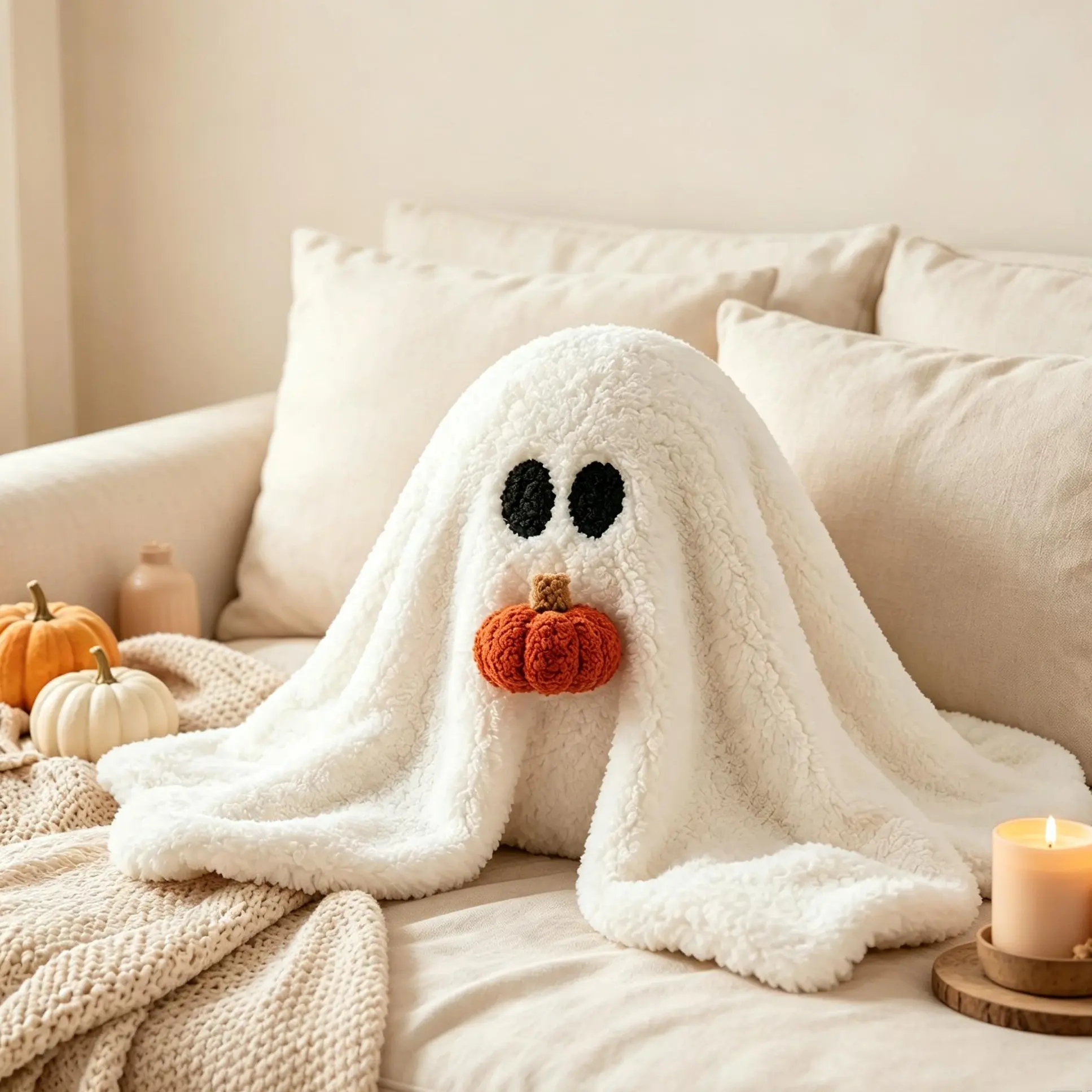 Classic Full-Shape Cozy Round Ghost Ball Plush Pillow - Soft White Sherpa, Pumpkin Accent, PP Cotton Fill, Indoor Halloween Festive Decoration, Fall Home Gift for Couch, Bed