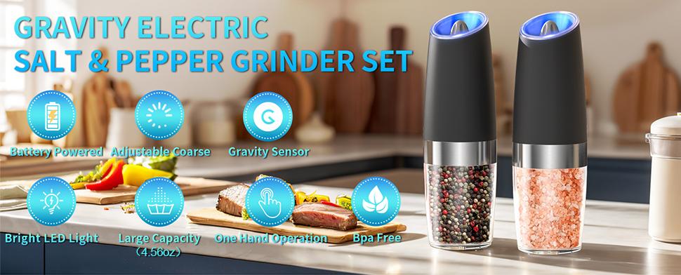 Electric salt and pepper grinder set, adjustable coarseness with LED light, 2-pack, one-handed kitchen grinder, large capacity automatic salt and pepper grinder, suitable for kitchen,Utensils Kitchenware Ceramic Seasoning,Christmas Gifts New Year Gifts Re