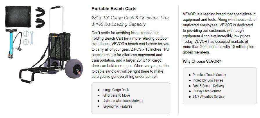 VEVOR Beach Carts for Sand, TikTokShopBlackFriday, 23" x 15" Cargo Deck, w/ 13" TPU Balloon Wheels, 165LBS Loading Folding Sand Cart & 33.1" to 51.6" Adjustable Height, Aviation Aluminum Cart for Picnic, Fishing, Beach