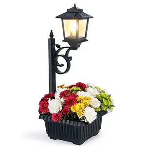 2-in-1 Outdoor Solar Light & Flower Pot, IP44 Waterproof Post Lights Lamp Lantern for Patio Deck Door Pathway Backyard Garden Front Porch Decor, Auto-Light, Wall Mount or Freestanding