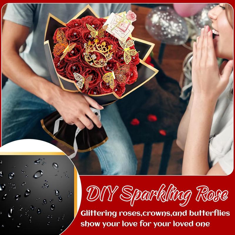 28 Red Glitter Roses Bouquet - Artificial Flowers Bouquet with Diomand Pins,Red Roses DIY Fake Flower Bouquet Kit - Sparkling Flower Arrangement for Valentines Day,Anniversary,Weddings Engagement