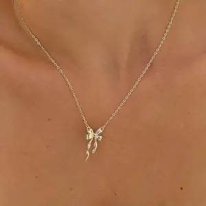 14K Gold Plated/ Silver Bow Pendant Necklace for Women Dainty Cute Small Tiny Bow Pendant Choker Chain Necklace