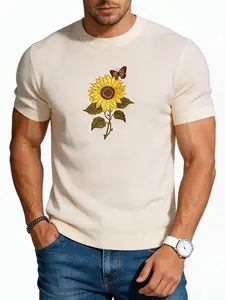 #SummerVibes 2026 Summer Retro White Short-Sleeved Knitted Shirt - Men's and Women's Version with Sunflower Print, Loose and Comfortable Crewneck Round Collar Top