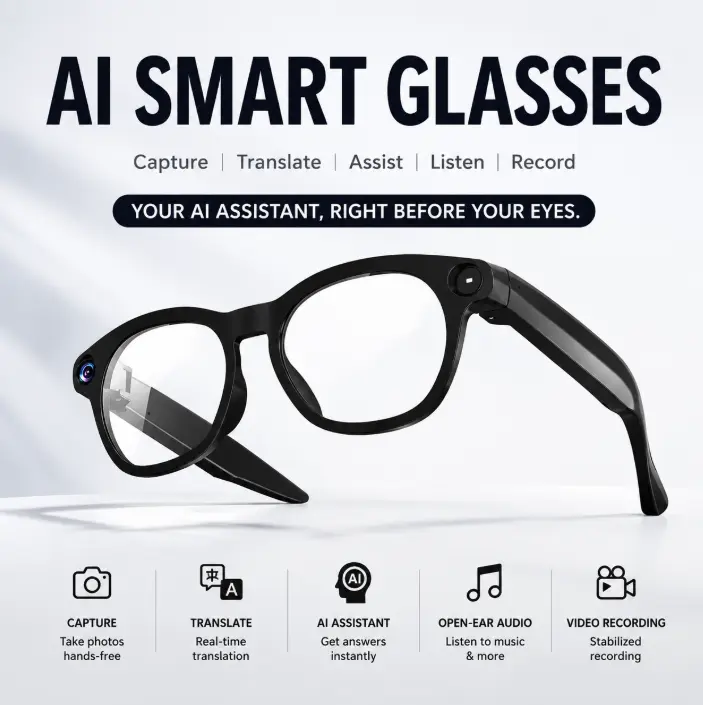 AI Smart Glasses with Camera 8MP HD - First Person POV Video Recorder Glasses, Real-Time Translation Bluetooth 5.3 Headphones, Hands-Free Voice Control & Touch for Vlog TikTok Live Streaming, Perfect Gift for Dad Husband Men