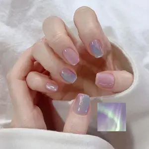 Elegant Aurora Gradient Short Square Nails, Lavender Hologram Glitter Press on Nail