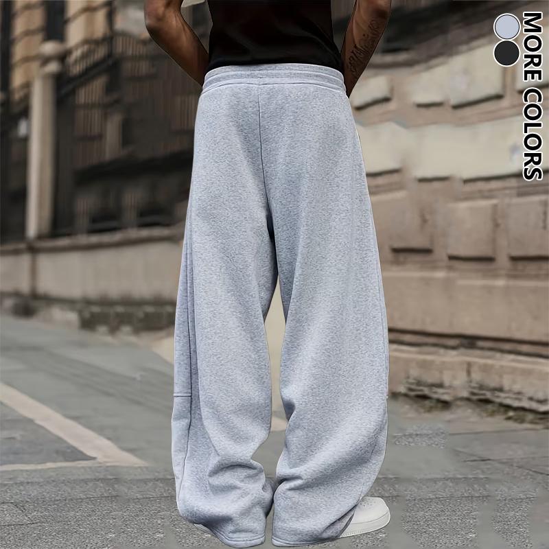 Men's Unisex Wide Leg Jogger Pants, Loose Fit Breathable Polyester Casual Pants with Drawstring, Solid Color Patchwork Pants for Daily Activities, Work, Outdoor Travel & Fitness