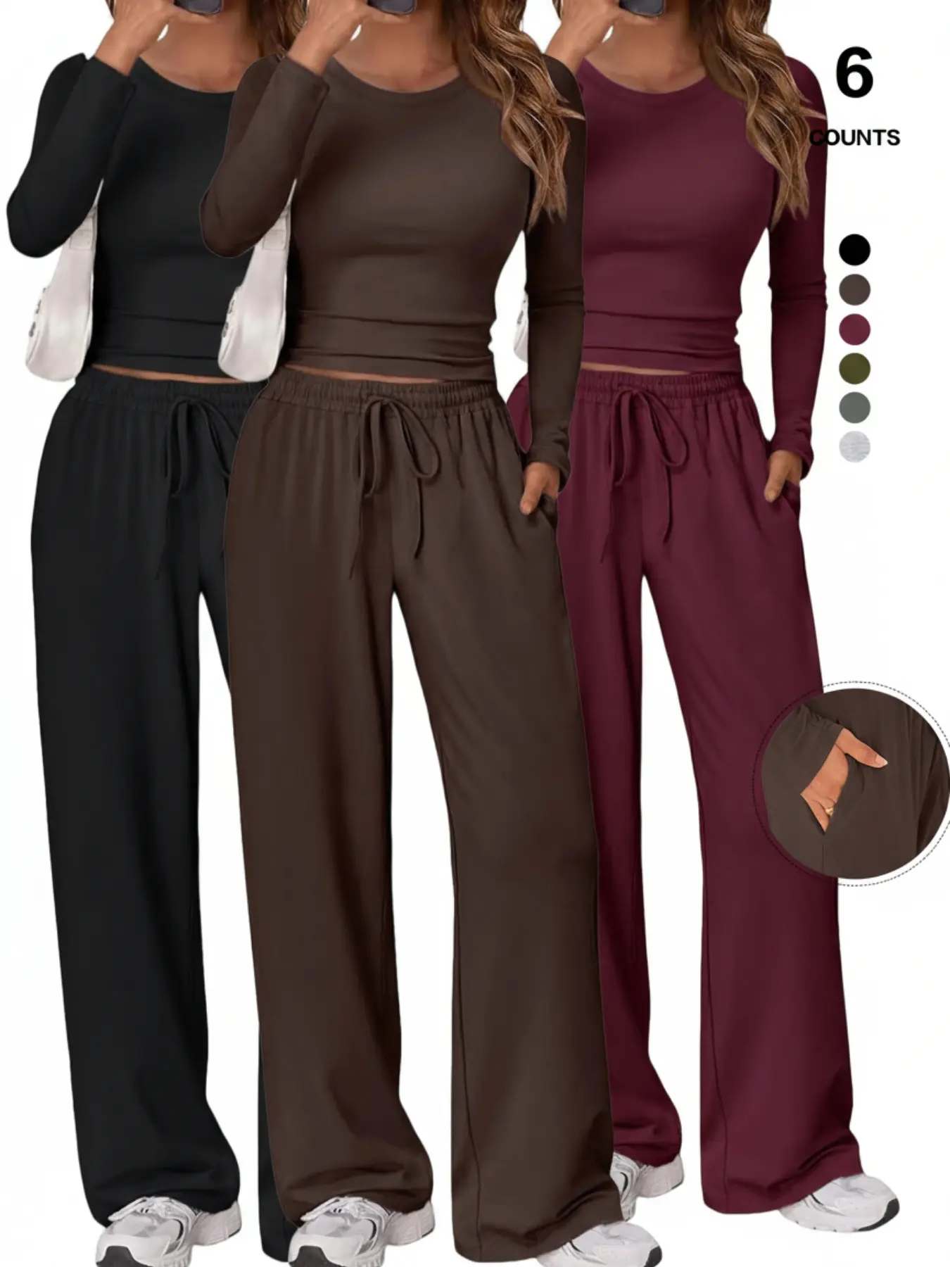 Women's 2 Piece Matching Loungewear Set, Long Sleeve Slightly Crop Top & Wide Leg Adjustable Drawstring Pants, Basic Fashion Casual Sweatsuit for Comfortable Wear
