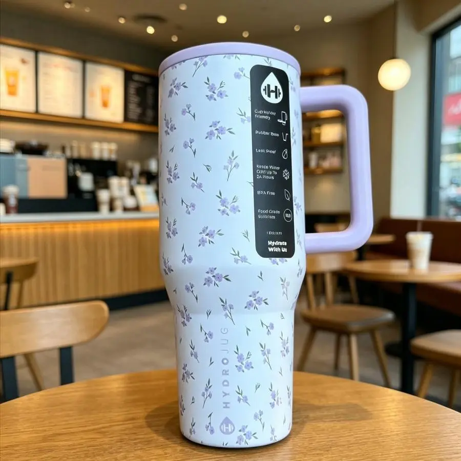 HydroJug Traveler 40oz (1,000-2,000 ml) Insulated Stainless Steel Vacuum Flask - Purple Floral Print, Leakproof, Cup Holder Friendly, Stylish Drinkware with Handle & Straw, Portable Kitchenware for Camping, Ideal Birthday Gift for Plant-Loving Adults, Fla