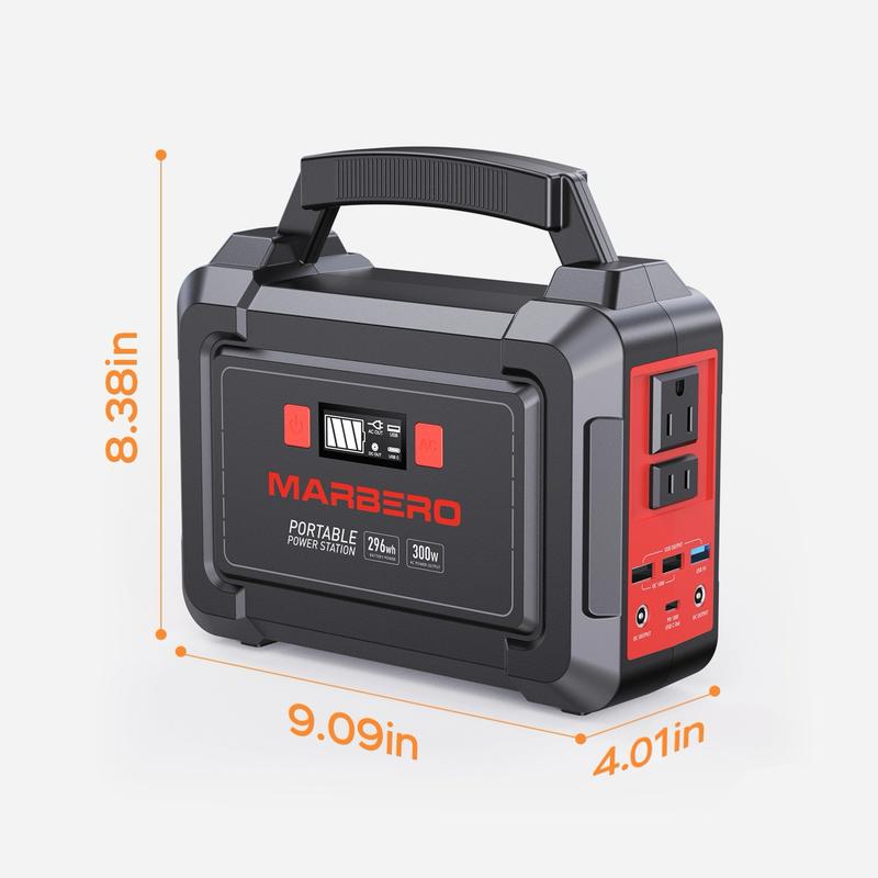 MARBERO 296Wh Portable Power Station with 2 x 300W Pure Sine Wave AC Outlets 330W Surge 8 Output Ports & Built-in Flashlight for Camping Blackout Outdoor Emergency