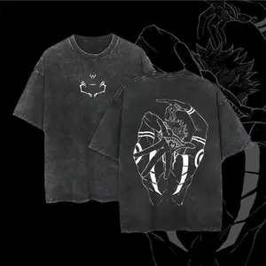 Sukuna JJK Vintage Cotton Tee Jujutsu Kaisen Anime Double Printed Oversized Washed T-Shirt Unisex Mineral Anime Manga Washed Heavy Cotton T-shirt, Gift For Anime Fan, Anime Lover Fit Everyday