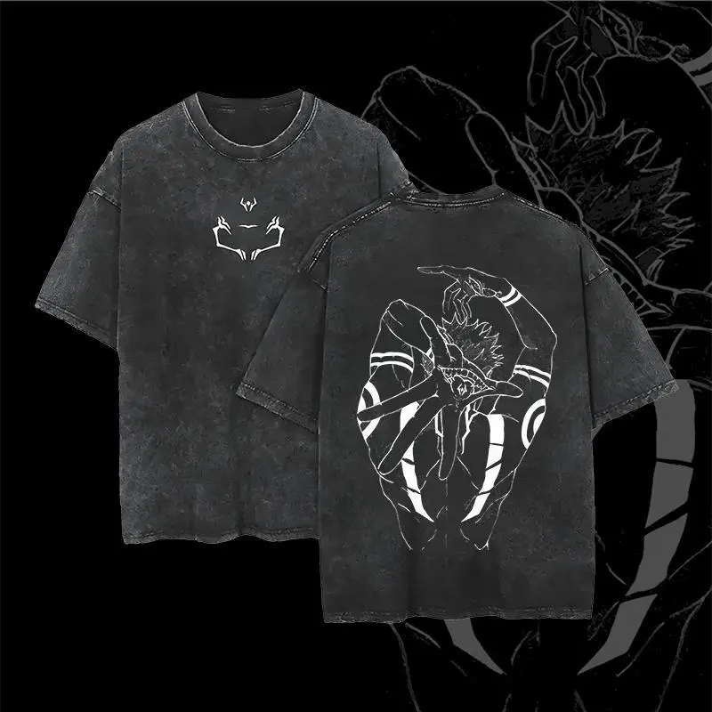 Sukuna JJK Vintage Cotton Tee Jujutsu Kaisen Anime Double Printed Oversized Washed T-Shirt Unisex Mineral Anime Manga Washed Heavy Cotton T-shirt, Gift For Anime Fan, Anime Lover Fit Everyday