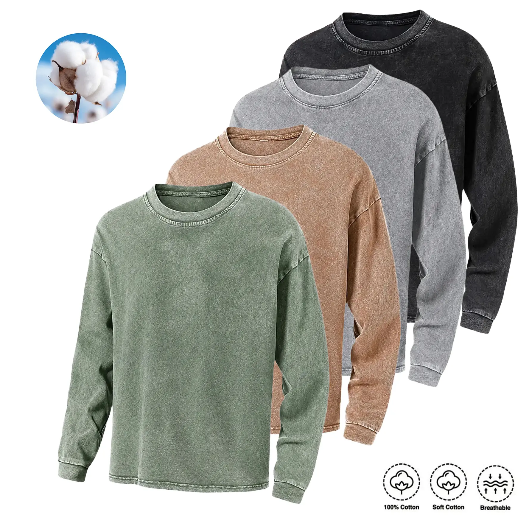 Men’s Acid-Wash Distressed Cotton Long Sleeve Crewneck Sweatshirt, Athletic Crewneck Long Sleeve Tee, Back to School Outfit Unisex Casual Streetwear Everyday Basic