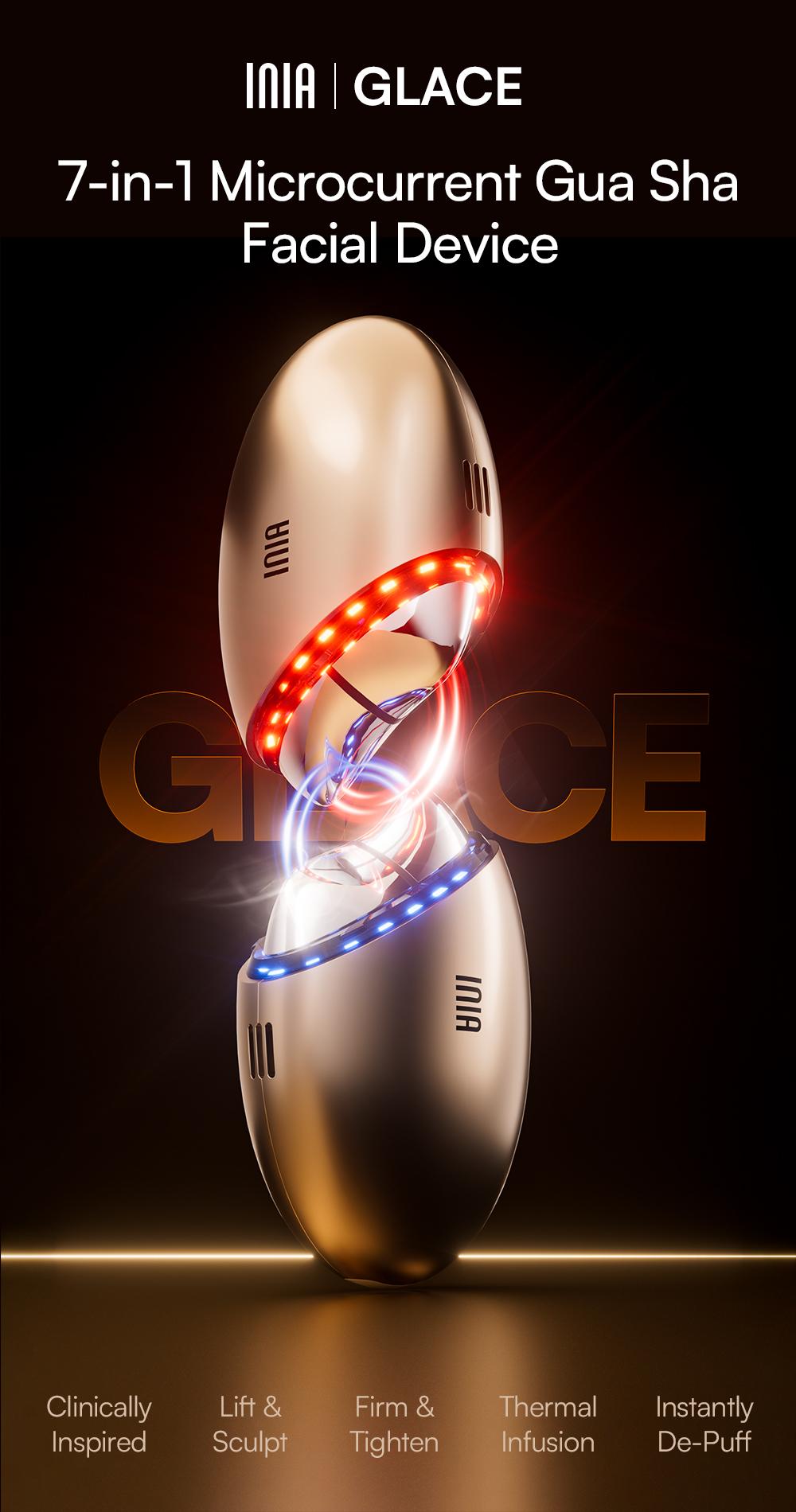 INIA GLACE & FLARE Bundle – All-in-1 Face & Neck Sculpting Beauty Device for Lymphatic Drainage with Microcurrent Lifting, Lift, Tighten, De-Puff, Serum Infusion, Red & Blue Light, Thermal & Cryo Therapy, Buy 1 Get 4, Ideal Gift Set