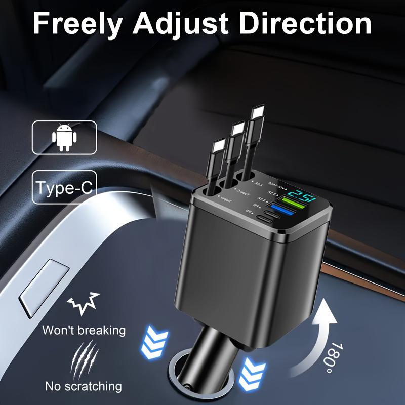 Best-Selling 8-in-1 Car Charger with Retractable Cables, Smart LED Display & 180° Rotation, PD Fast Charging for iPhone, Type-C & Android Devices Multi-Port USB Hub Compact Plug & Play Design Voltage Monitor Perfect for Travel, Daily Driving & Road Trips