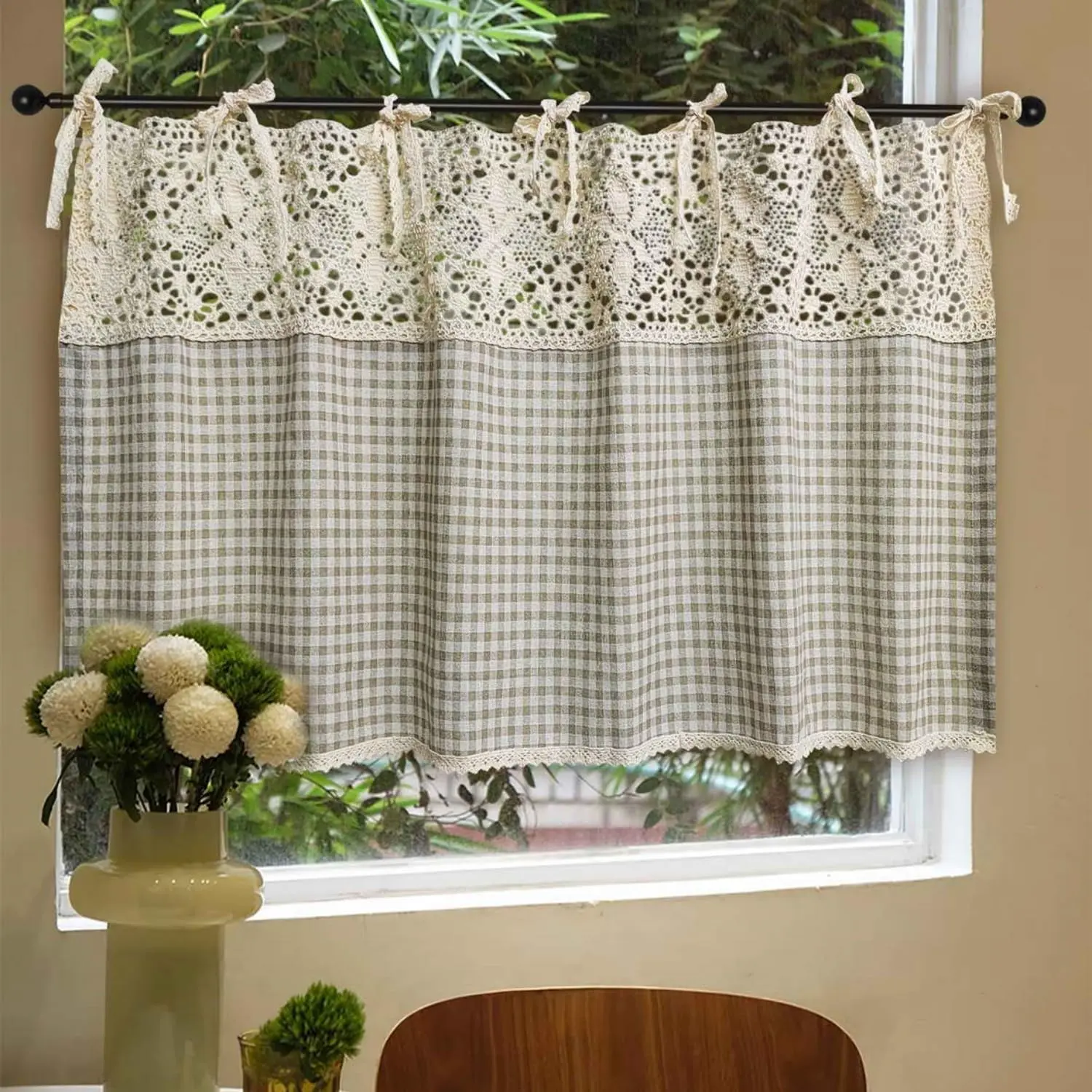 Vintage Buffalo Plaid Valance Stitching Crochet Kitchen Oven Short Curtain | Light Filtering Rustic Half Window Drapes Tier Cafe Bathroom Tab Top 1 Panel (W59 X L20 Inch,Light Coffee)