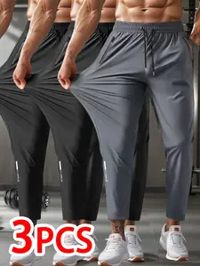 3-Pack Men’s high-stretch casual business elastic-waist athletic pants with zippered pockets, ice silk quick-dry fabric, suitable for summer outdoor sports