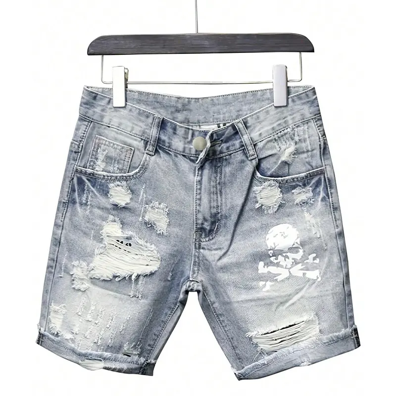 Men's Regular Fit Skull Print Distressed Denim Shorts, Casual Comfy Distressed Shorts for Summer, Fashion Men's Bottoms for Daily Wear