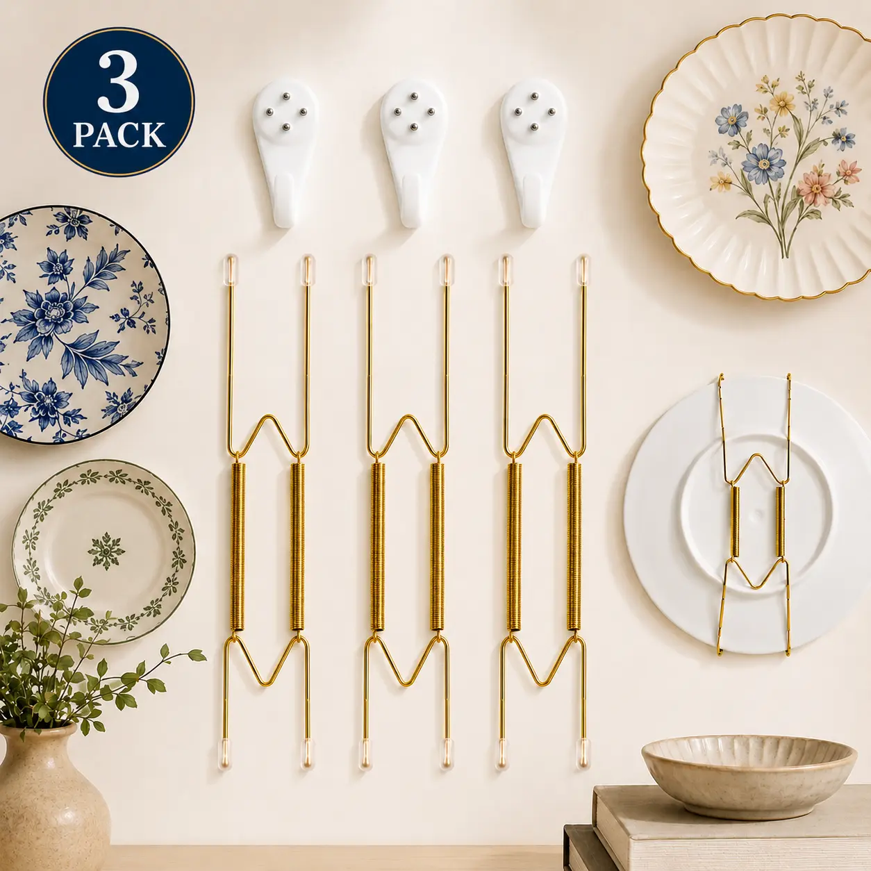 3 Pack Plate Hangers for Wall Display, Adjustable Invisible Stainless Steel Heavy Duty Plate Hangers with Wall Hooks, Decorative Plate Holder for Porcelain, Ceramic,Invisible Heavy Duty Plate Hanging Kit for Decorative Wall Plates