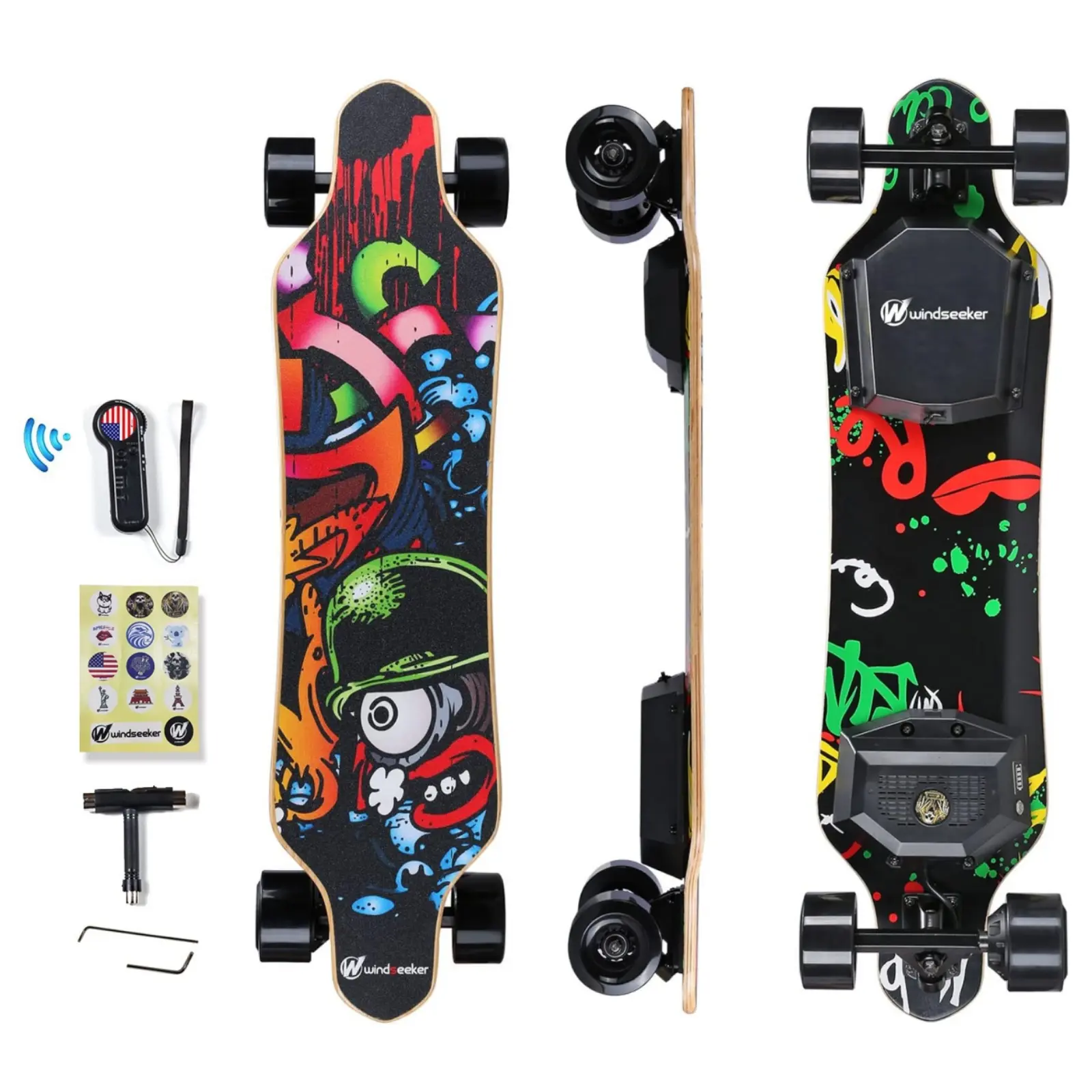 WINDSEEKER Fast Commuter E-Skateboard H2B-04 – 20mph, 12mi Range, 220lbs Load, 450W Motor, 3 Speed Modes, Graffiti Style, UL Certified, Wireless Remote Control