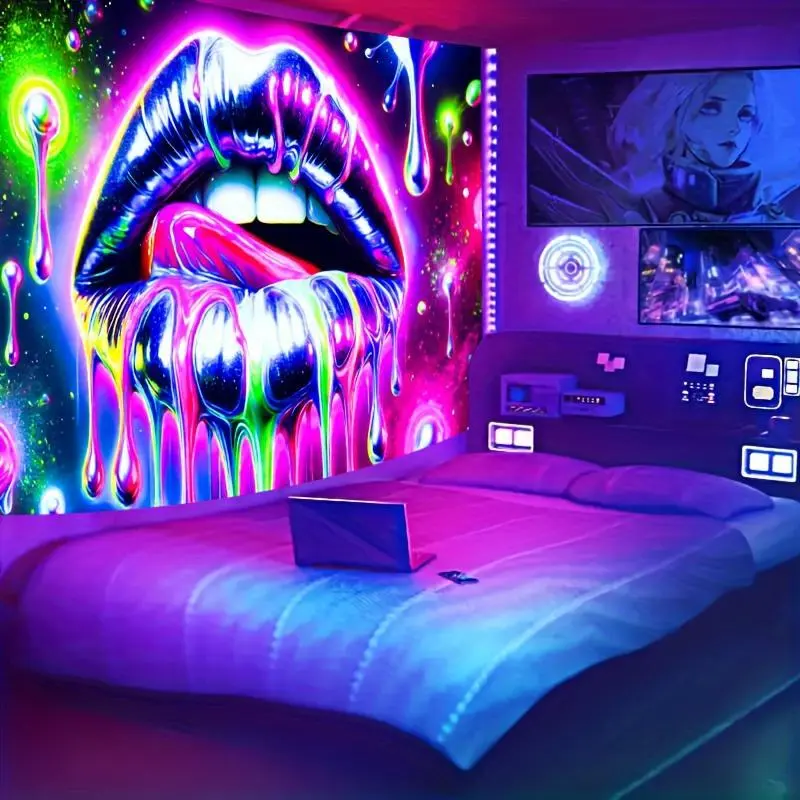 Glow-in-the-Dark Polyester Tapestry - 59x79in UV-Reactive Neon Sexy Lips Hanging Indoor Wall Art, Easy-Hang Bold Home Decor with Glow Accents, All-Seasons Room Decor Piece